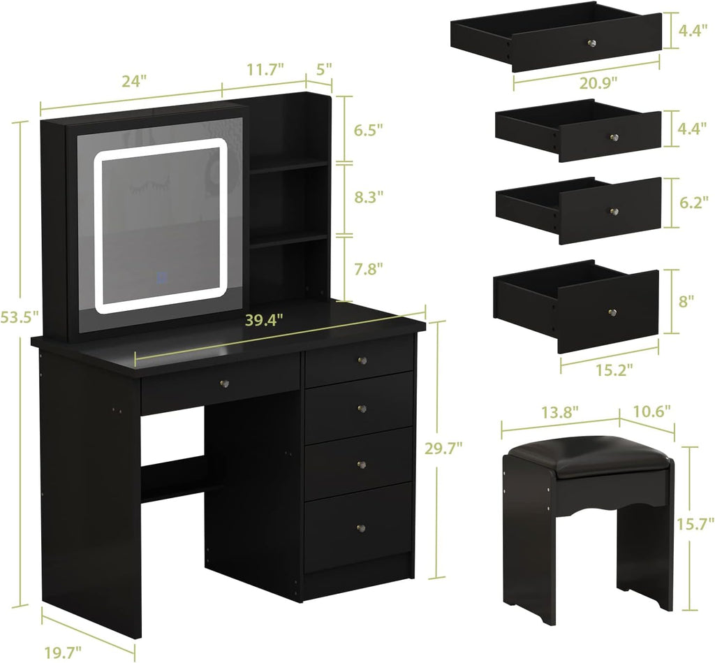 Vanity Desk Set with Sliding Lighted Mirror, Makeup Vanity with Drawer & Shelf, Dressing Table with Cushion Stool & Hidden Storage for Bedroom, Black