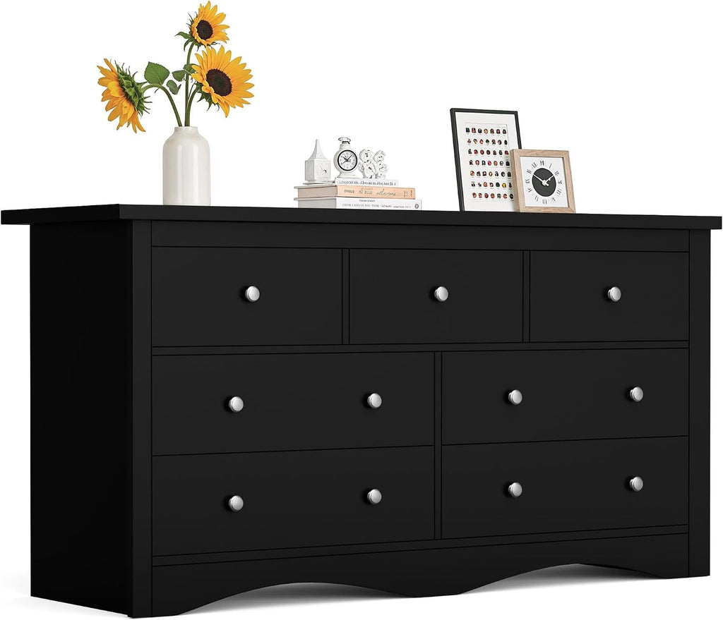 Furmax Dresser for Bedroom, 7 Wood Dresser, Chest of Drawers, for TV up to 65 inch, TV Stand Storage Chest of Drawers for Hallway Entryway (Black)