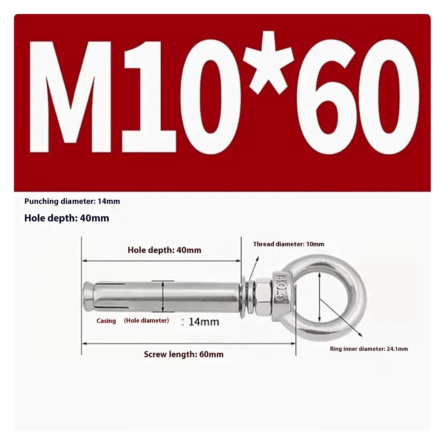 Anchor Bolts,Expansion Bolt, 5Pcs Stainless Steel Universal Ring Expansion Screw Sleeve Anchor Concrete Eye Bolt Installation Artifact Long Hook(M10*60MM)