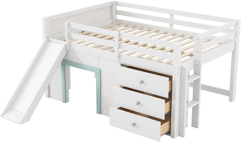 JIVOIT Wooden Low Loft Bed with Slide, Full Size Loft Bed with Three Storage Drawers and Two Doors, Wood Slat Support, No Box Spring Required