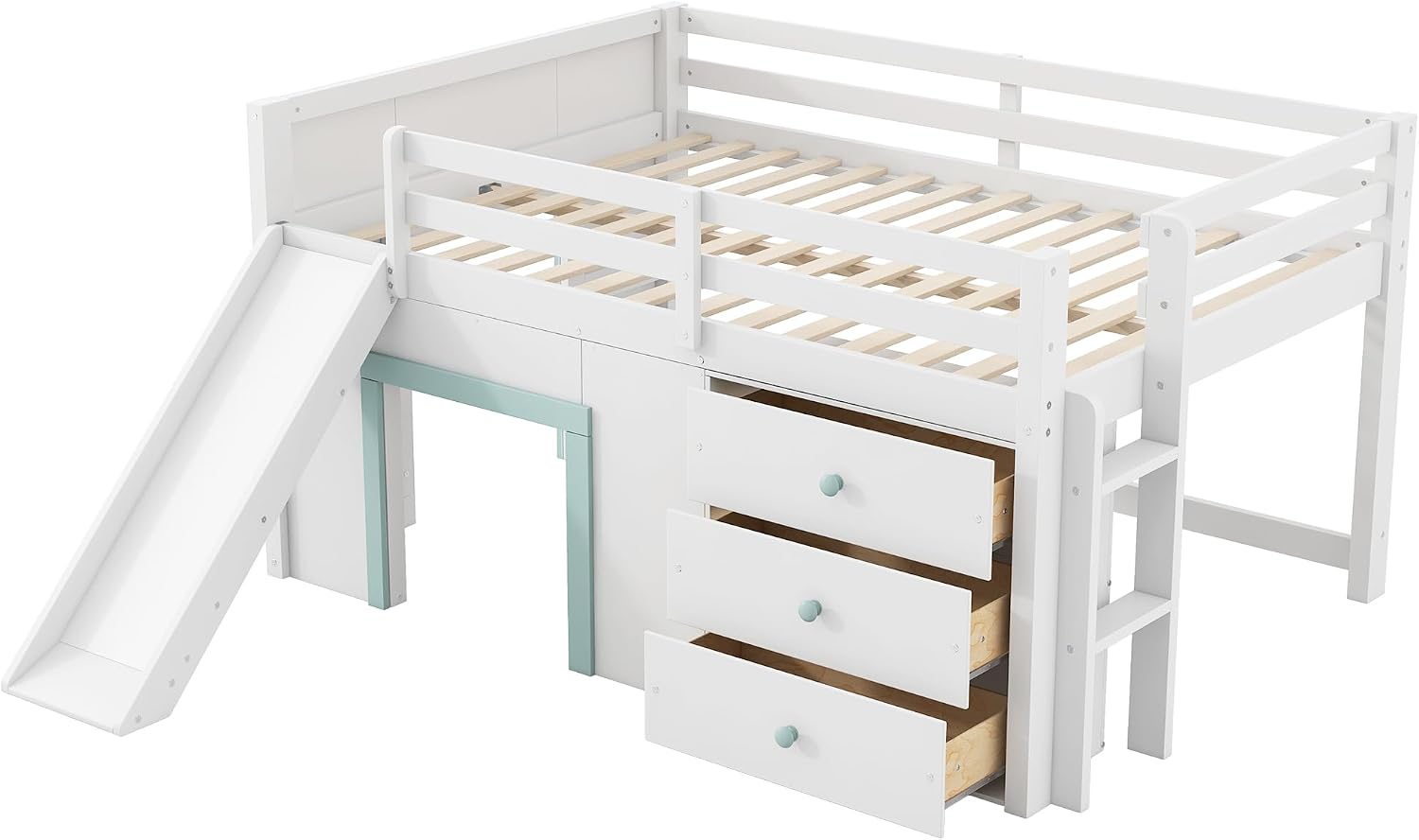 JIVOIT Wooden Low Loft Bed with Slide, Full Size Loft Bed with Three Storage Drawers and Two Doors, Wood Slat Support, No Box Spring Required