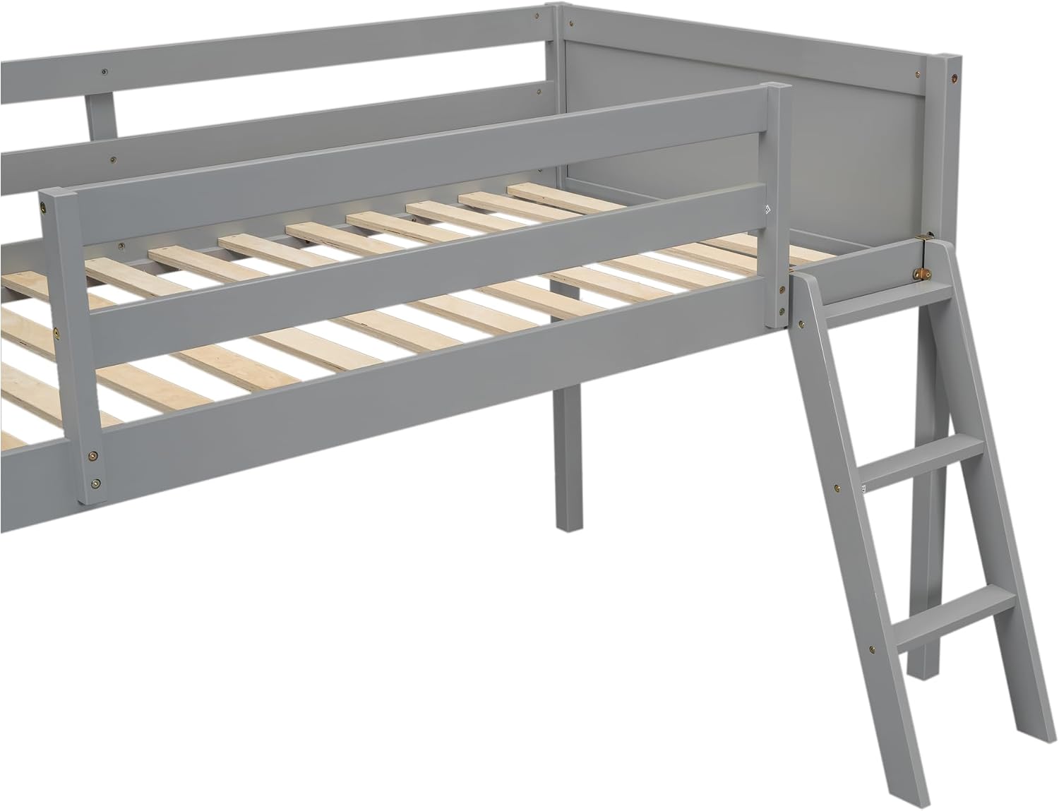 Twin Size Loft Bed, Wood Low Loft Bed with Convertible Ladder, Ladder can be Placed on the Left or Right, Safety Guardrails, Wood Slats Support, No Box Spring Required (Gray & Convertible Ladder)