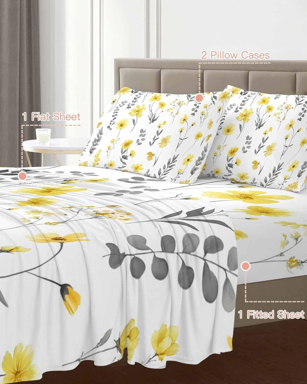 Yellow Spring Floral Cal King Sheet Set 4 Piece Bedding - Flowers Botanical Elegant Pastoral Breathable Comfy Cooling Bed Sheets & Pillowcase Sets, Hotel Luxury Flat Sheets Deep Pockets Fitted Sheet