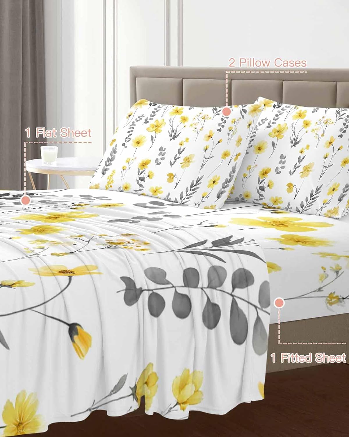Yellow Spring Floral Cal King Sheet Set 4 Piece Bedding - Flowers Botanical Elegant Pastoral Breathable Comfy Cooling Bed Sheets & Pillowcase Sets, Hotel Luxury Flat Sheets Deep Pockets Fitted Sheet