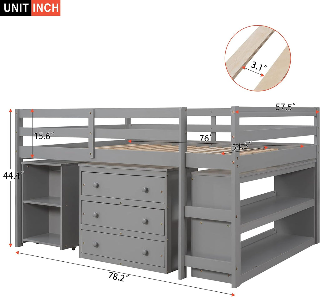 JIVOIT Full Size Low Loft Bed with Rolling Portable Desk, Wooden Loft Bed with Cabinet/Bookshelf/Drawers/Open Shelves for Kids Teens Adults, No Box Spring Required (Gray-Full-Rolling Portable Desk)