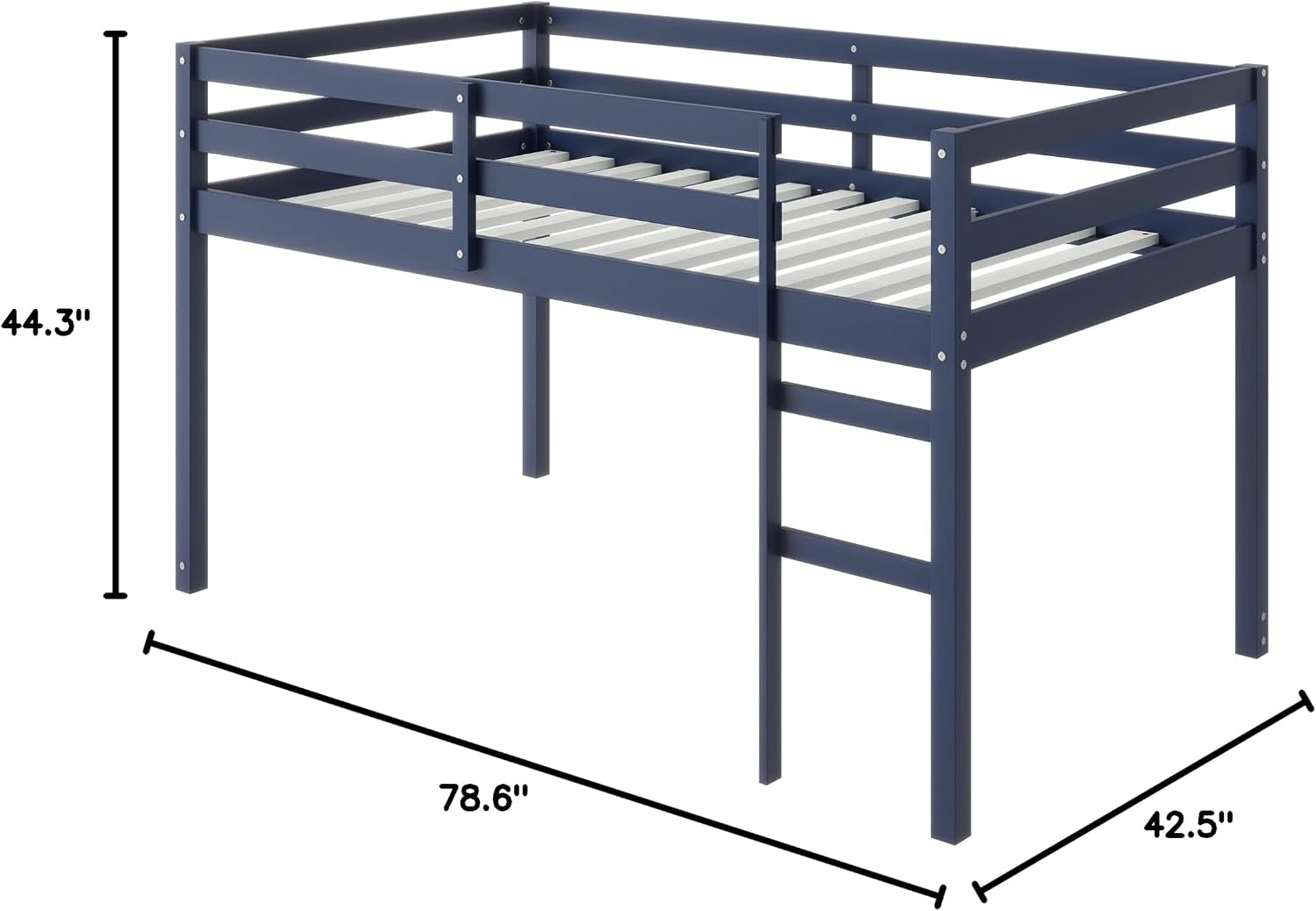 JIVOIT Twin Size Loft Bed with Ladder, Solid Rubber Wooden Low Height Loft Bed, Bed Platform of Strengthened Slats, No Box Spring Needed (Blue//14)