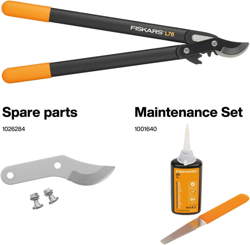 Fiskars PowerGear Lopper Bypass, Scissor Head (M) L76, Patented Mechanism PowerGear II, Cutting Diameter : 2.8 cm, Hardened steel blades with non-stick coating, Length: 56 cm, Black/Orange, 1001553