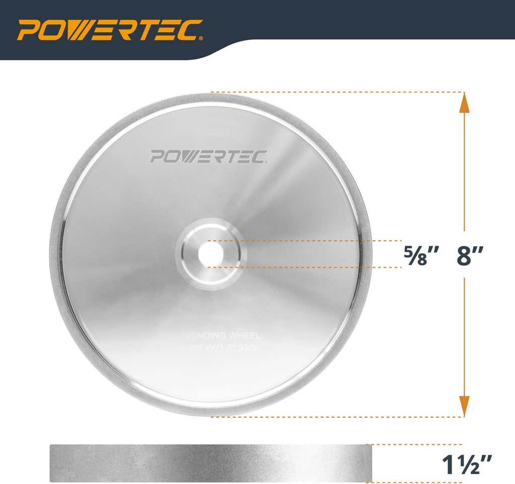 POWERTEC CBN Grinding Wheel 8 Inch 320 Grit, 1-1/2' Wide, 5/8' Arbor – Bench Grinder Sharpening Wheel for HSS Tools, Lathe Chisels, and Woodturning Tools (15705)