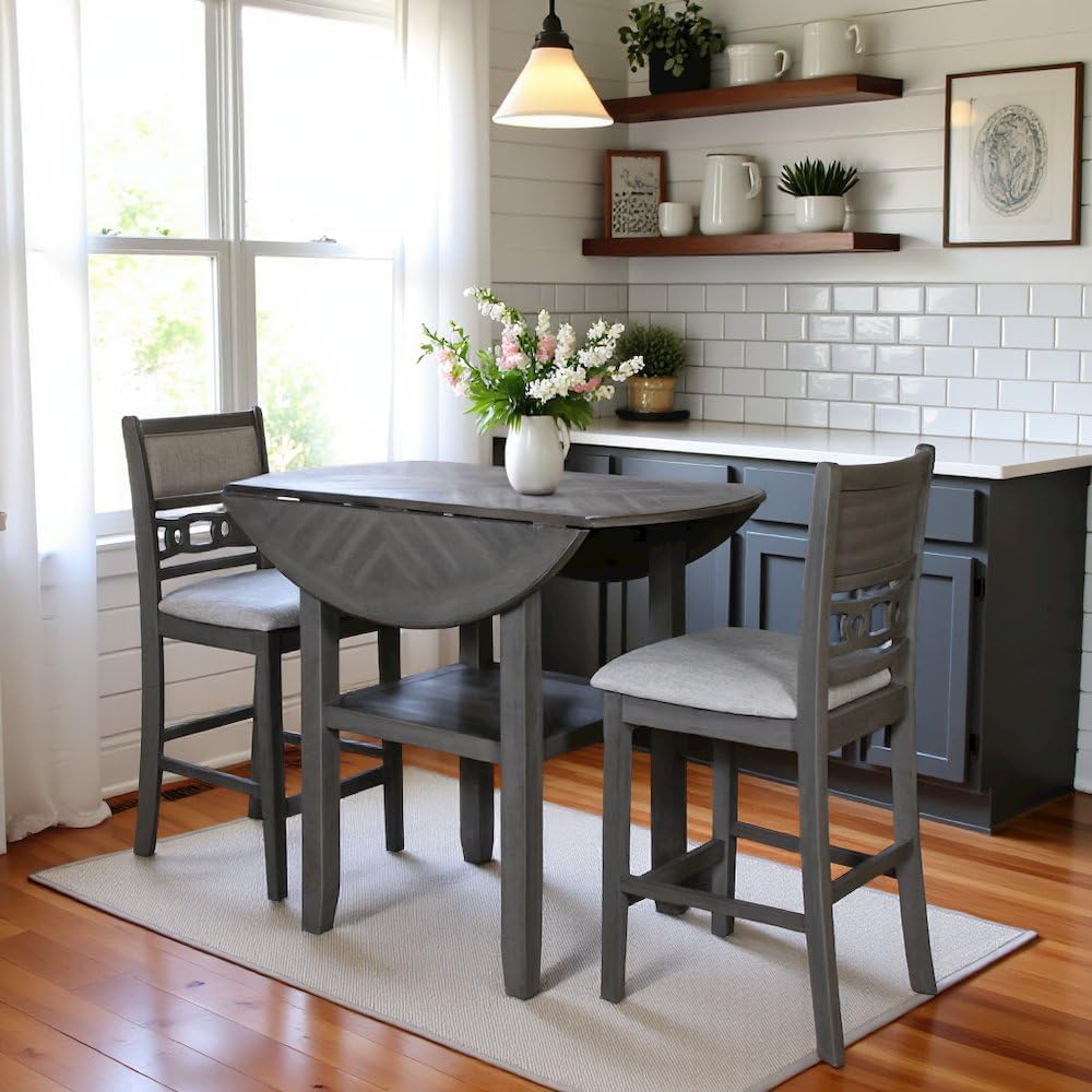 Furnifact Grey 3 Piece Drop Leaf Table and Chairs, Solid Wood Round Dining Table with Chairs, Space-Saving Design with Storage Shelf for Small Kitchens