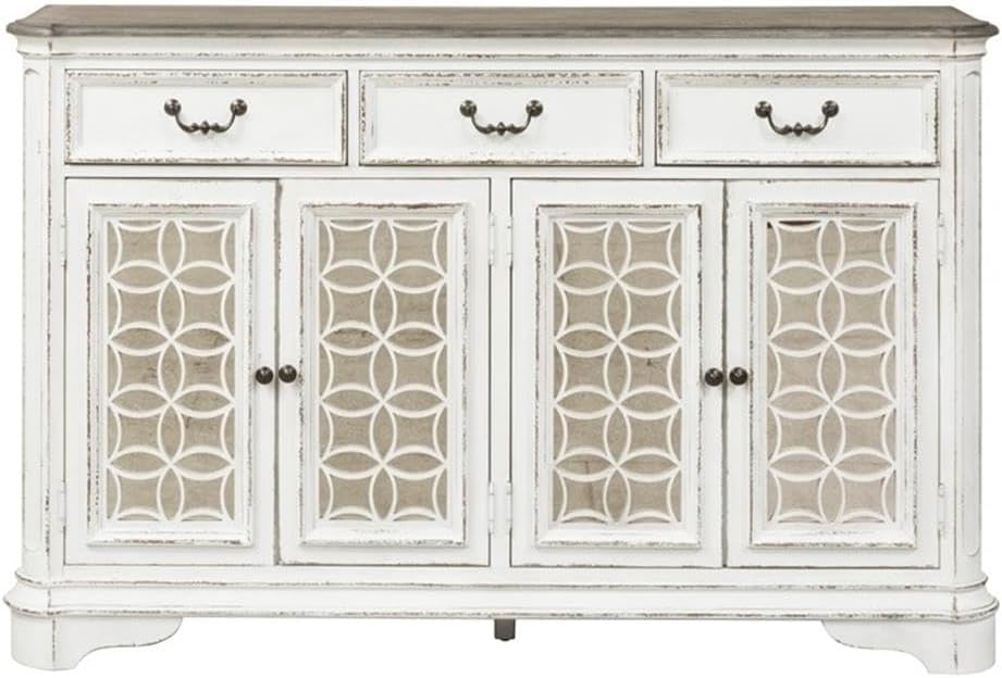 Liberty Furniture Magnolia Manor Hall Buffet Dining Room Storage with Mirrored Doors - Antique White & Weathered Bark