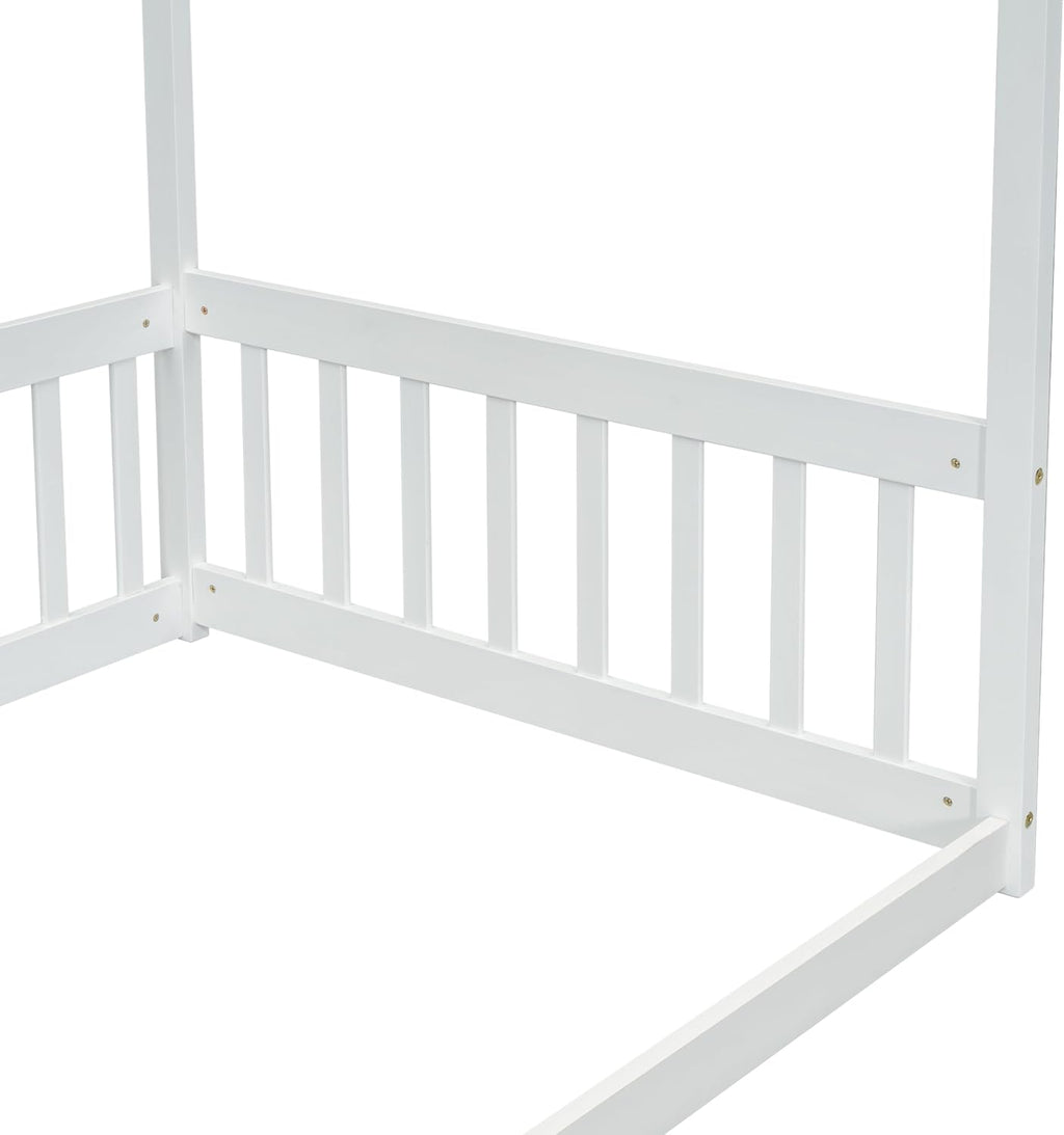 Twin Size Canopy Bed Frame with Guardrails for Kids,Floor Bed Twin with Four Poster Design,Kids Montessori Floor Bed,Wood Canopy Bed Frame for Girls,Boys(Twin,White)