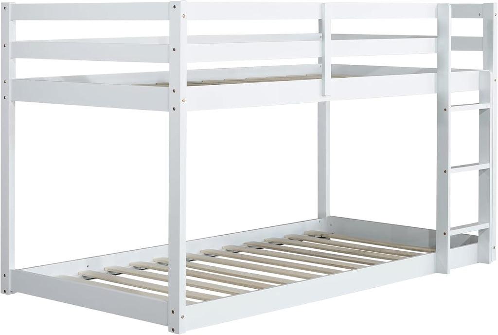 Ball & Cast Solid Rubber Wooden Twin Over Twin Bunk Bed with Ladder and Full Length Guardrail,Low Bunkbed w/Slat Support,Bedroom Furniture for Girls Boys,White
