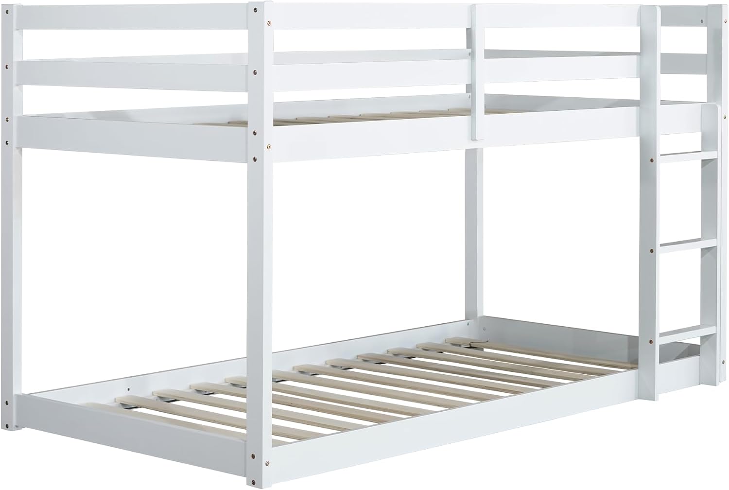 Ball & Cast Solid Rubber Wooden Twin Over Twin Bunk Bed with Ladder and Full Length Guardrail,Low Bunkbed w/Slat Support,Bedroom Furniture for Girls Boys,White