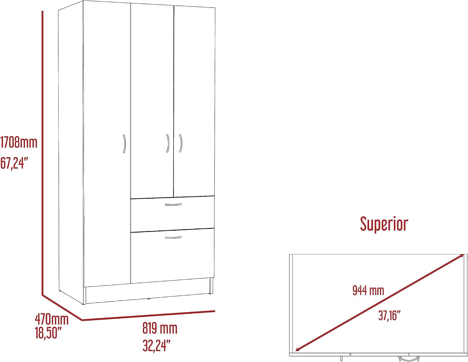 Easy to Assemble 3-Piece Bedroom Furniture Set: Wardrobe with Hanging Rod & 2 Drawer Nightstands, No Tools Needed, Sturdy Manufactured Wood, Black