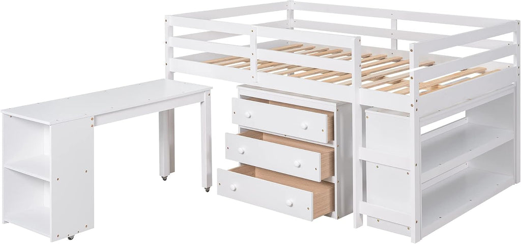 JIVOIT Full Size Low Loft Bed with Rolling Portable Desk, Wooden Loft Bed with Cabinet/Bookshelf/Drawers/Open Shelves for Kids Teens Adults, No Box Spring Required (White-Full-Rolling Portable Desk)