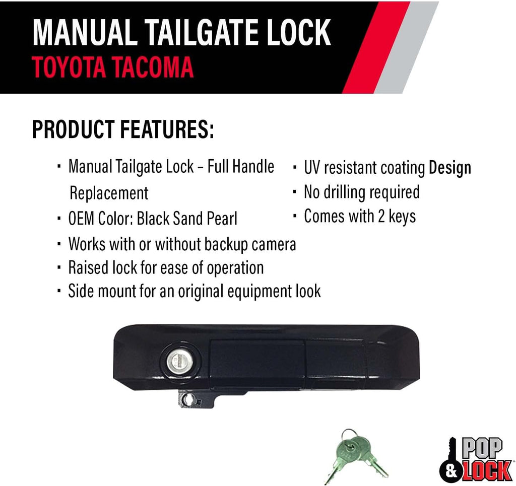 Pop & Lock – Manual Tailgate Lock for Toyota Tacoma, Fits 2005 to 2015 Models (Black Sand Pearl, PL5513, Standard Lock)