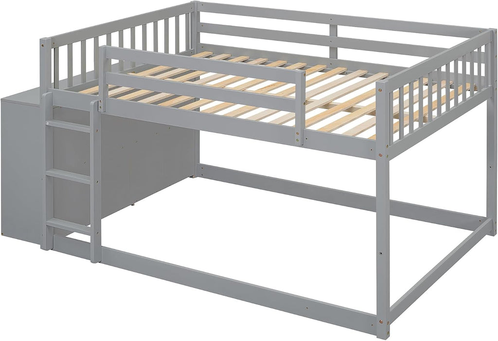 Merax Full Over Full Bunk Bed with 4 Storage Drawers and 3 Shelves, Wooden Floor Bunk Bedframe with Guardrail & Ladders, No Box Spring Needed, Easy Assembly
