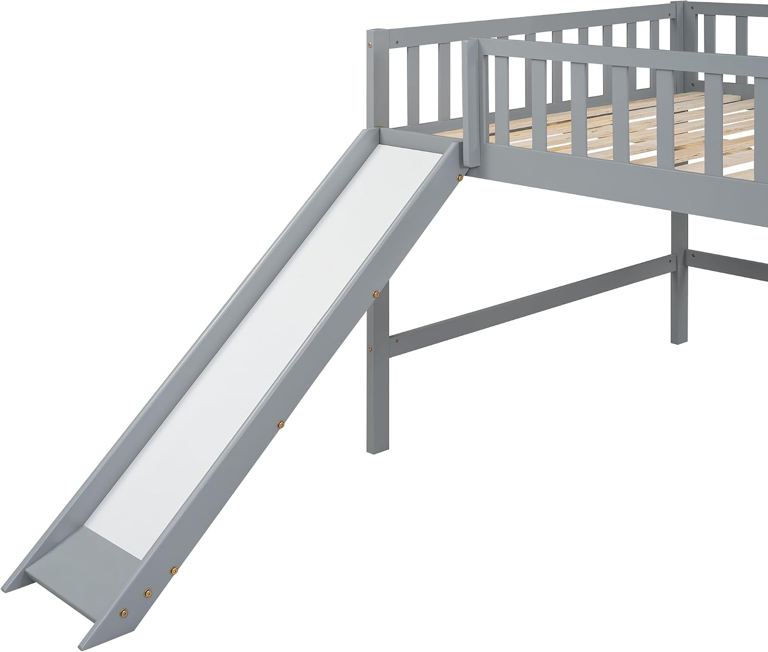 JIVOIT Full Size Wood Loft Bed with Slide, Low Loft Bed with Built-in Ladder and Safety Rails, Space Saving Kids Loft Bed with Underneath Spacious Space, for Kids Boys Girls (Gray,Full 1)