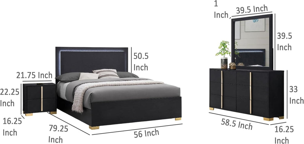 Benjara Dex 4 Piece Full Bedroom Set- Black/Gold Accents- LED Headboard