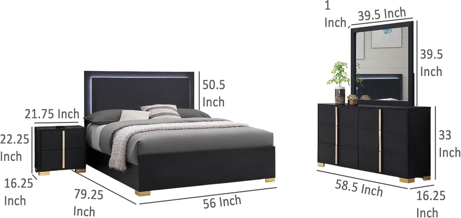 Benjara Dex 4 Piece Full Bedroom Set- Black/Gold Accents- LED Headboard