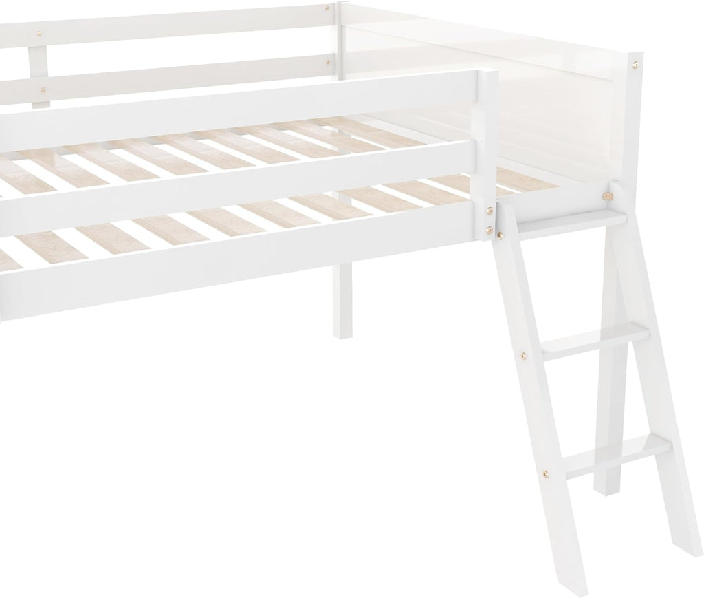 JIVOIT Full Size Low Loft Bed, Wooden Loft Bed with Convertible Ladder, Ladder can be Placed on The Left or Right, Full-Length Guardrails, No Box Spring Required (White & Convertible Ladder,Full)