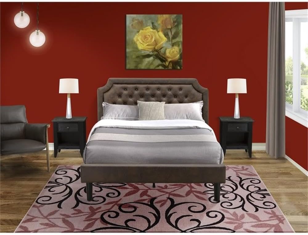 East West Furniture GB25Q-2GA06 3-Piece Bedroom Furniture Set with Button Tufted Queen Size Bed and 2 Wire Brushed Black Bedroom Nightstand - Dark Brown faux Leather with Black Texture and Black Legs