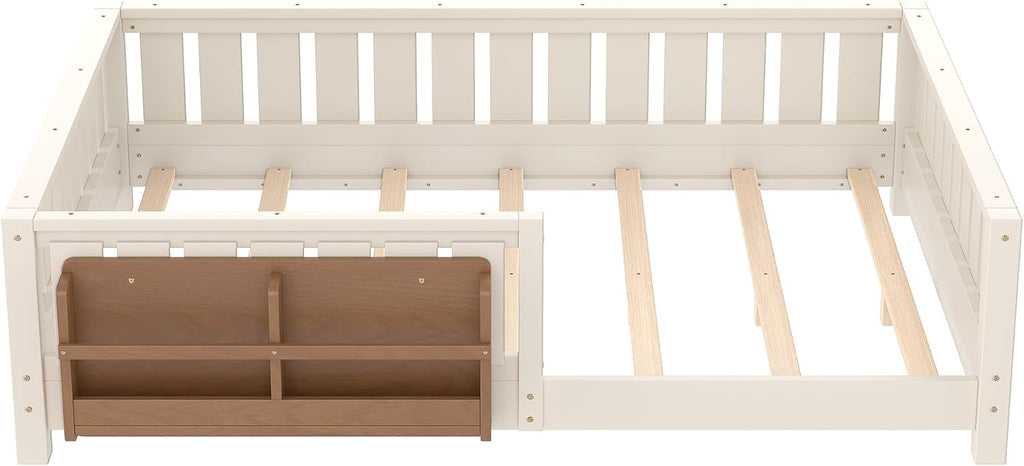 Bellemave Beige Montessori Floor Bed with Fence and Slats, Full Size Montessori Floor Bed with Bookcase and High Rails, Easy Assemble Bed Frame for Girls, Boys, Full