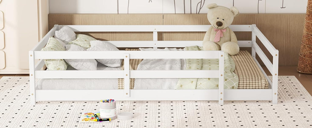 Modern Classic Full Size Bed Frame with Fence, Sturdy Wood Montessori Floor Bed for s, Boys, Girls, Dorm, Bedroom, House, Easy to Assemble, Noise-Free Design, No Box Spring Needed,White-Fu