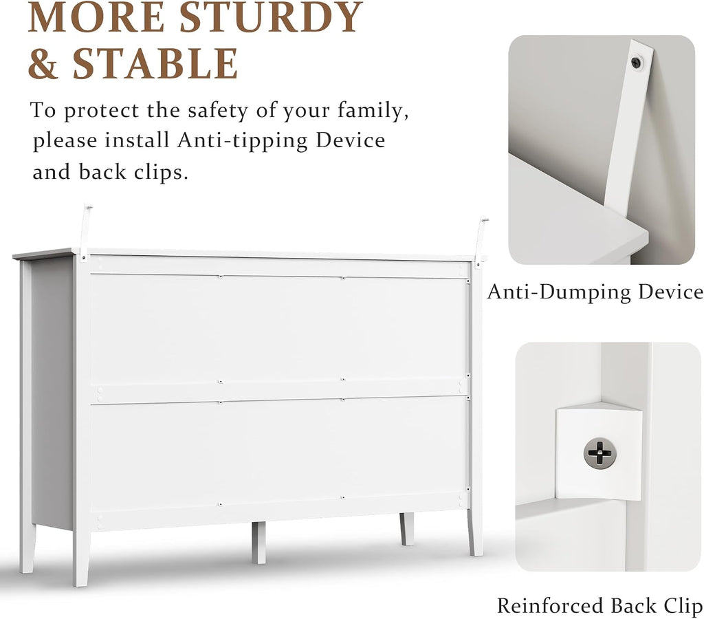 RoyalCraft White 6 Drawer Dresser for Bedroom, Fluted Painted Wood Chest of Drawers, Modern TV Stand Storage Cabinet for Living Room, Entryway, 47' W x 16' D x 32' H