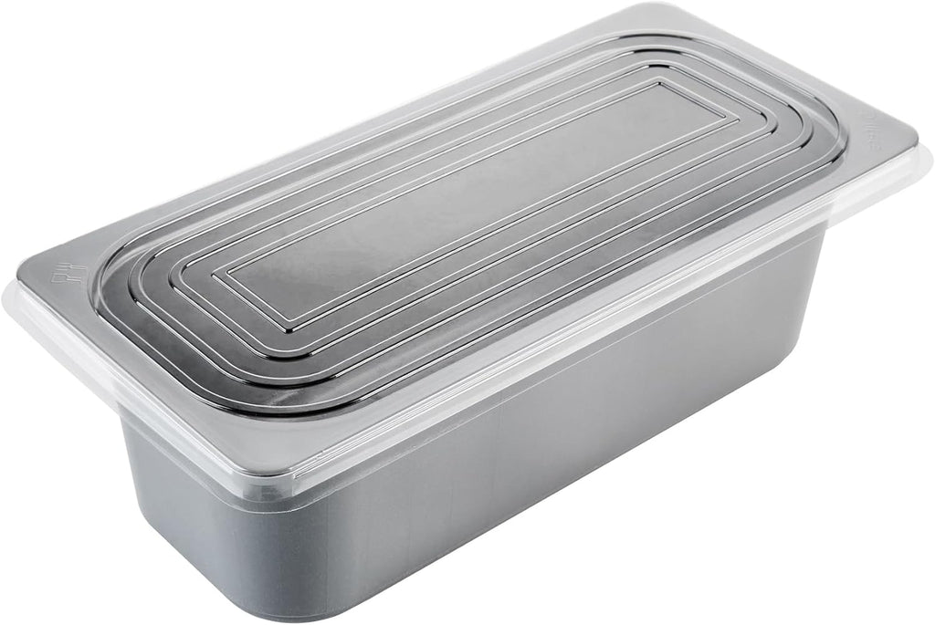 Restaurantware 5 Quart Ice Cream Tub, 100 Count, 5.28 Liter Capacity, Plastic Dessert Container, Rectangular Food Storage Box, Stackable Clear Lid, Gray