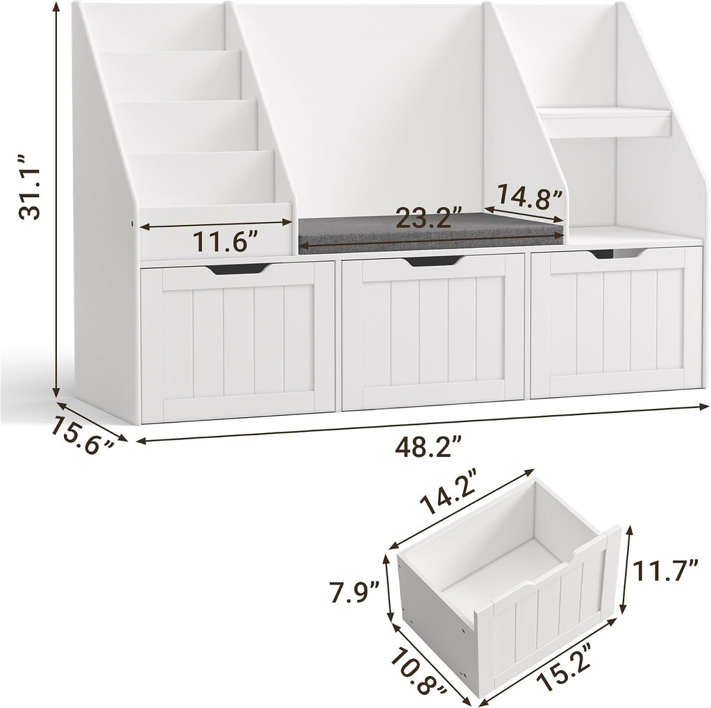 Gizoon Kids Toy Storage Organizer with Reading Nook, Kids Bookshelf with 3 Movable Drawers, Kids Reading Nook with Bench for Kidsroom Playroom and Bedroom, White, Painted