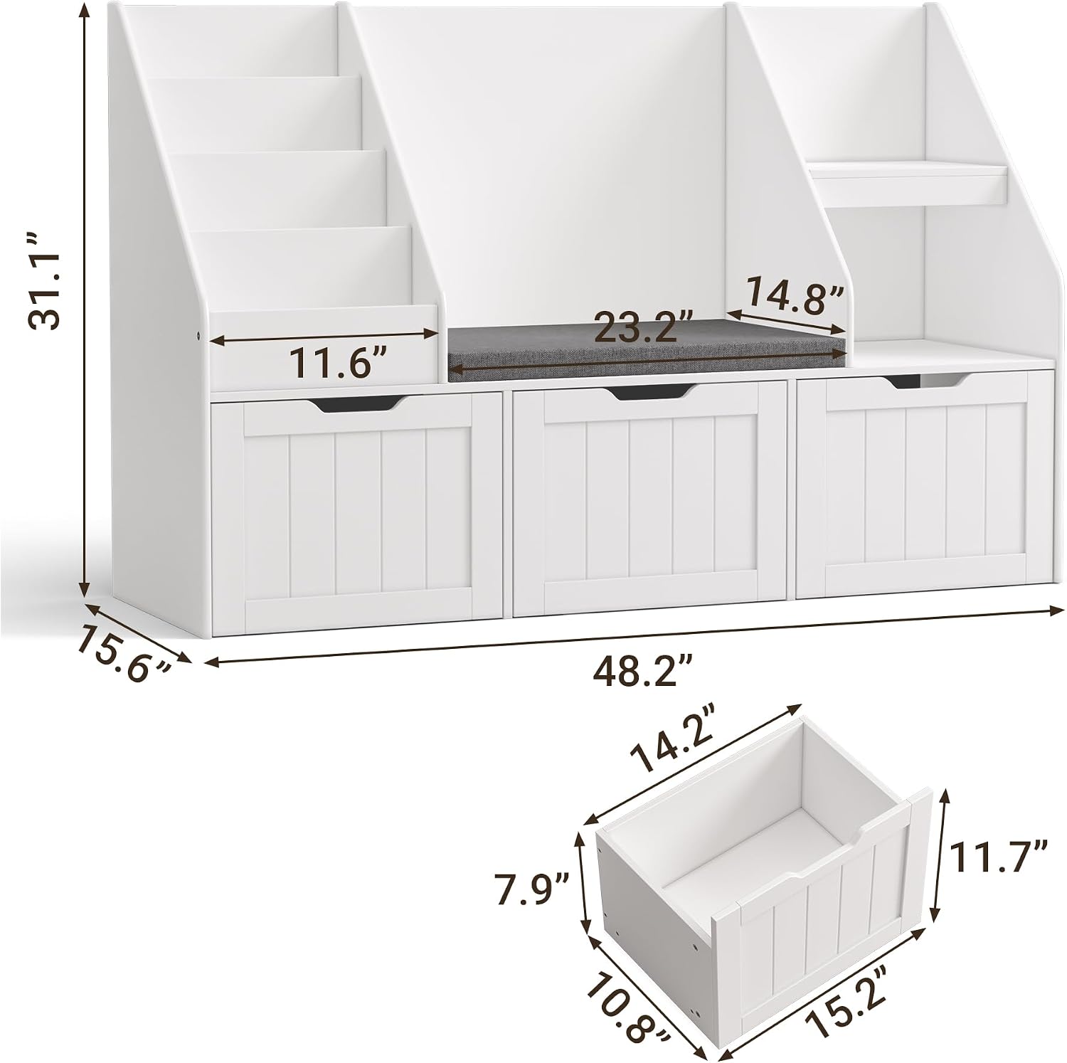 Gizoon Kids Toy Storage Organizer with Reading Nook, Kids Bookshelf with 3 Movable Drawers, Kids Reading Nook with Bench for Kidsroom Playroom and Bedroom, White, Painted