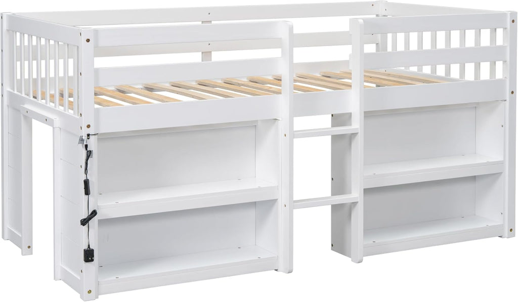 Twin Size Low Loft Bed with Two-Tier Shelves, Multifunction Wood Loft Bed Frame with Built-in Stairs, Storage Underneath, Sturdy Slats Support, Space Saving Loft Bed for Kids Boys Girls (White * 01)