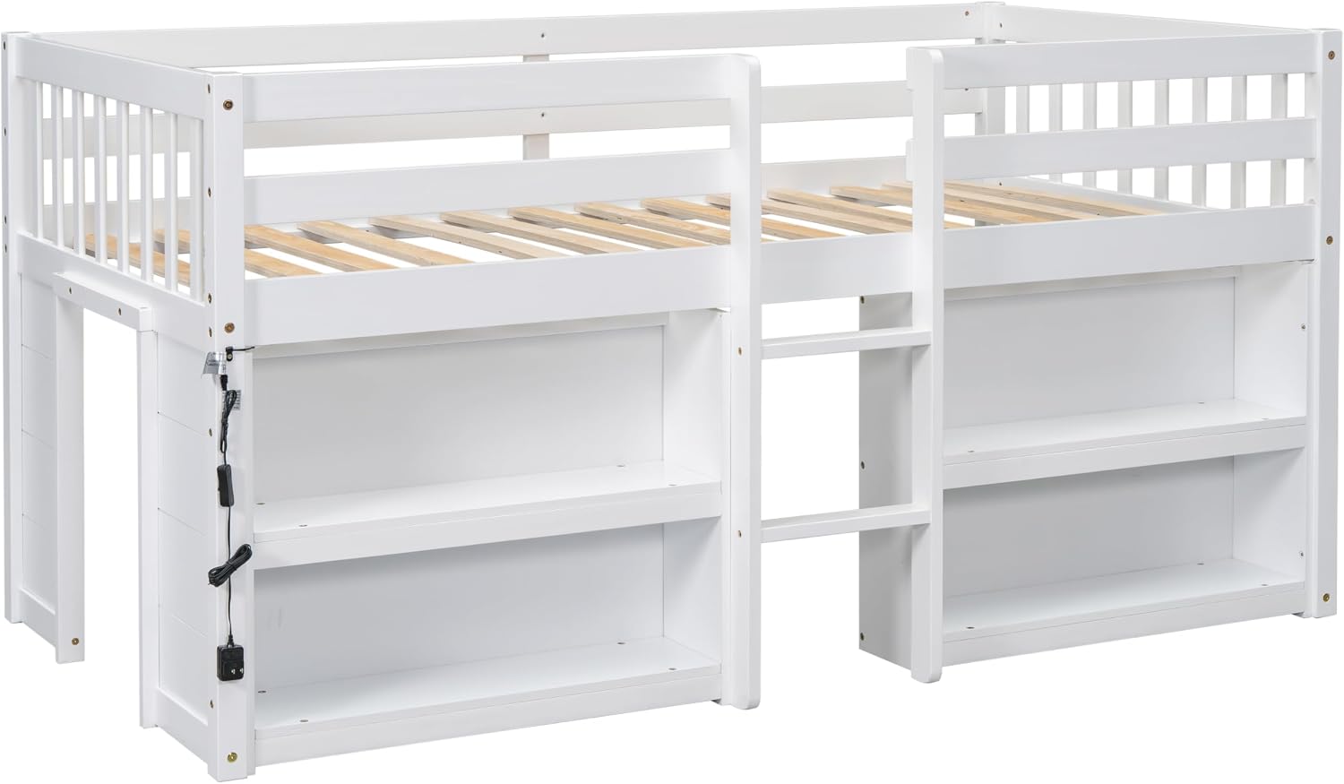 Twin Size Low Loft Bed with Two-Tier Shelves, Multifunction Wood Loft Bed Frame with Built-in Stairs, Storage Underneath, Sturdy Slats Support, Space Saving Loft Bed for Kids Boys Girls (White * 01)