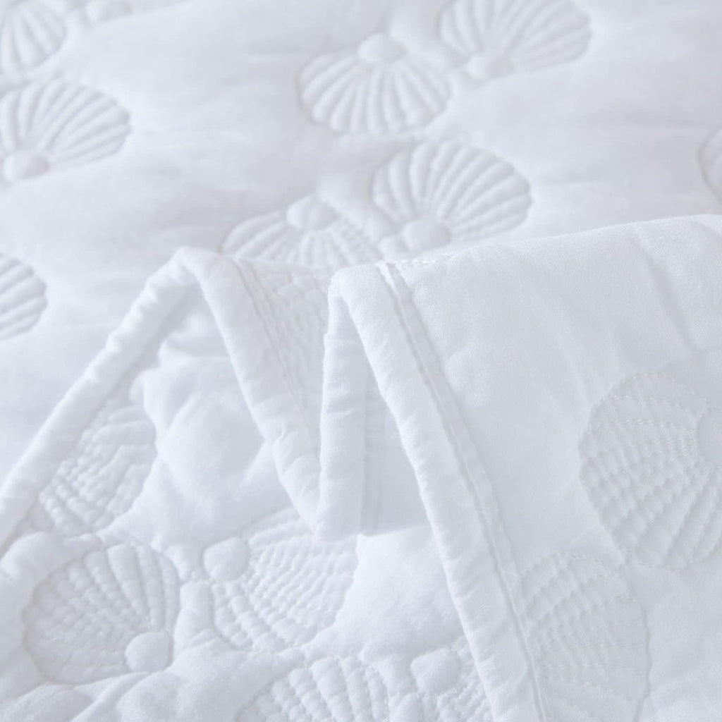 Brandream White Quilt Set Queen Size Cotton Quilted Comforter Set Coastal Seashell Matelasse Coverlet Set 3-Piece