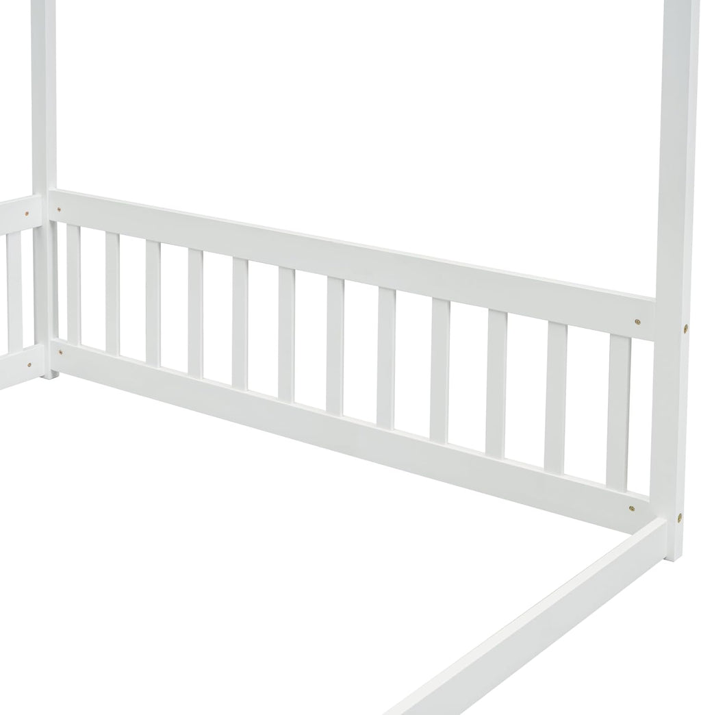 Full Size Canopy Bed Frame with Guardrails for Kids,Floor Bed Full with Four Poster Design,Kids Montessori Floor Bed,Wood Canopy Bed Frame for Girls,Boys(Full,White)