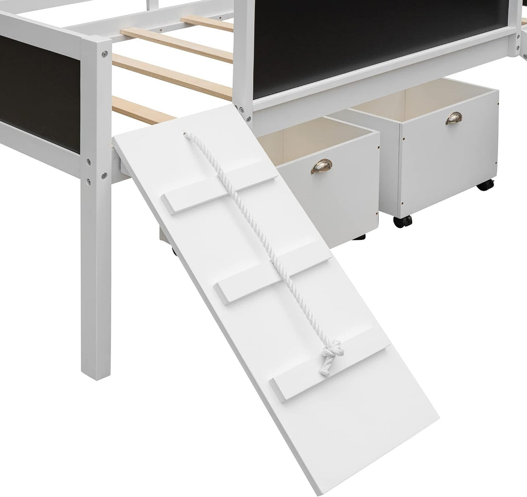 JIVOIT Twin Size Low Loft Bed with Climbing Frame & Rope, Wood Loft Bed Frame with Two Storage Boxes, Slide and Double-Sided Chalkboard, Pine Wood Bed Frame for Kids Teens (White+Rope)