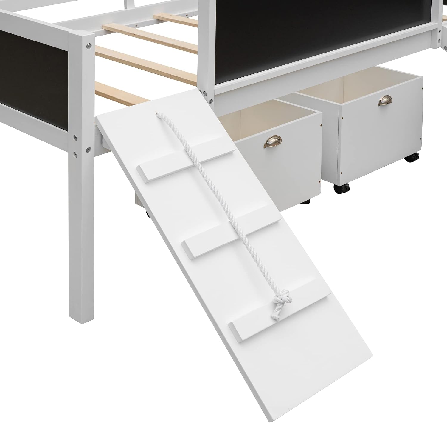 JIVOIT Twin Size Low Loft Bed with Climbing Frame & Rope, Wood Loft Bed Frame with Two Storage Boxes, Slide and Double-Sided Chalkboard, Pine Wood Bed Frame for Kids Teens (White+Rope)