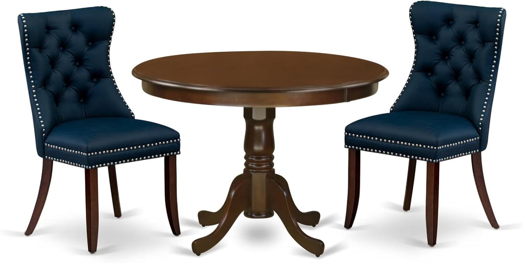 East West Furniture HLDA3-MAH-29 3 Piece Dining Set for Small SpacesIncludes a Round Kitchen Table with Pedestal and 2 Polyester Fabric Padded Chairs, 42x42 Inch, Mahogany