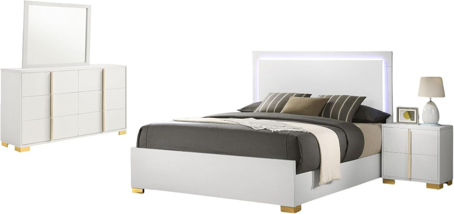 Benjara Dex 4 Piece Full Bedroom Set- White/Gold Accents- LED Headboard