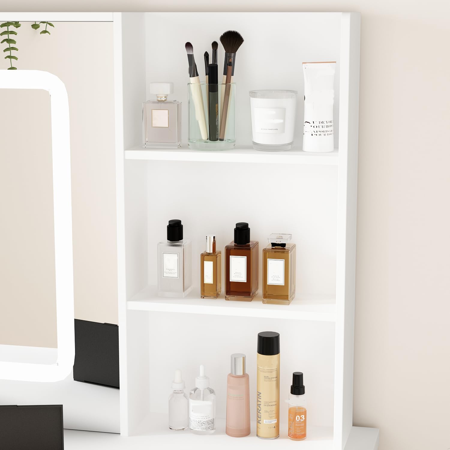 Vanity Desk Set with Lighted Mirror, Makeup Vanity with Drawer & Shelf, Dressing Table with Cushion Stool, Vanity Set for Bedroom, White