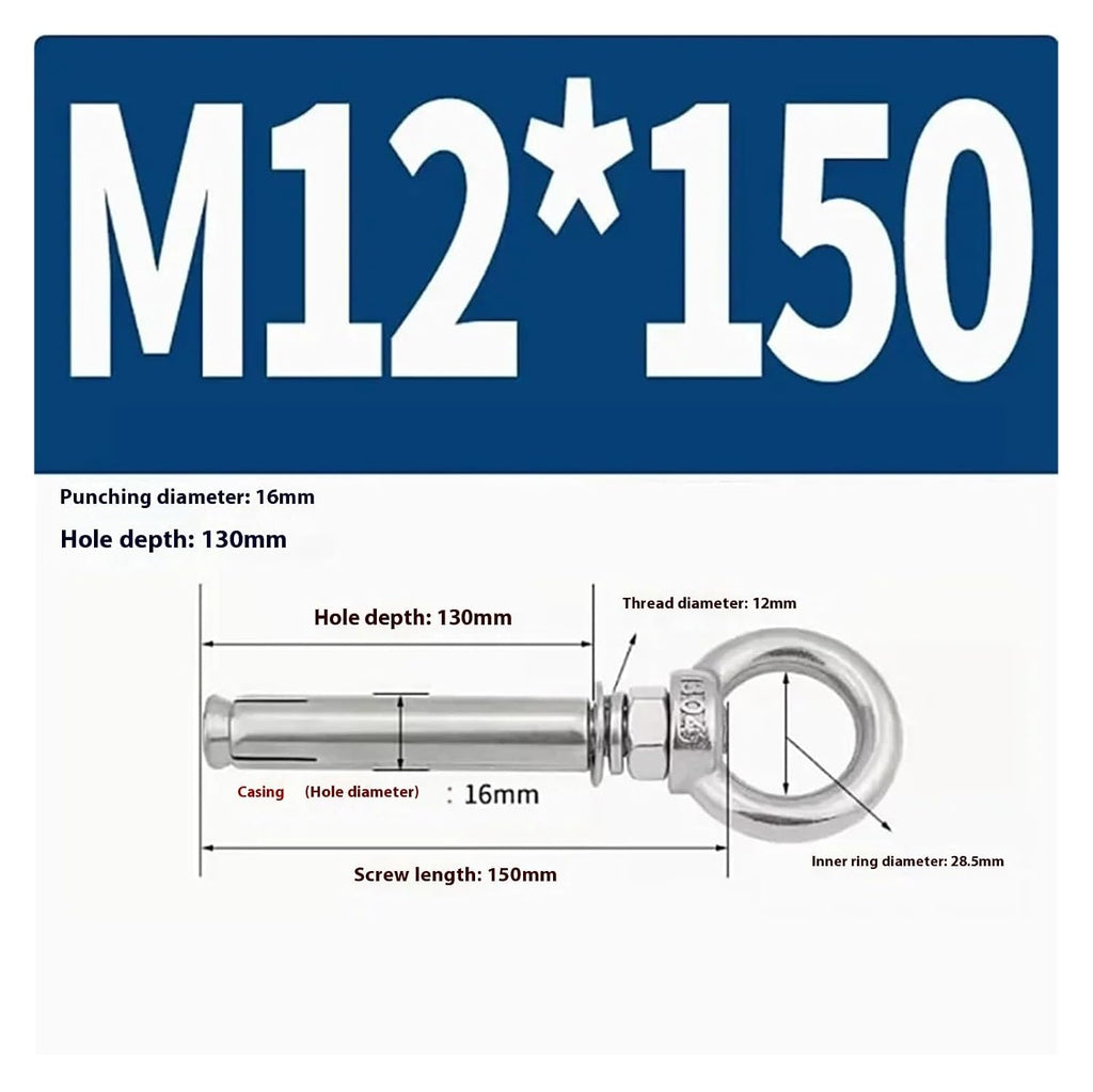 Anchor Bolts,Expansion Bolt, 5Pcs Stainless Steel Universal Ring Expansion Screw Sleeve Anchor Concrete Eye Bolt Installation Artifact Long Hook(M12*150MM)