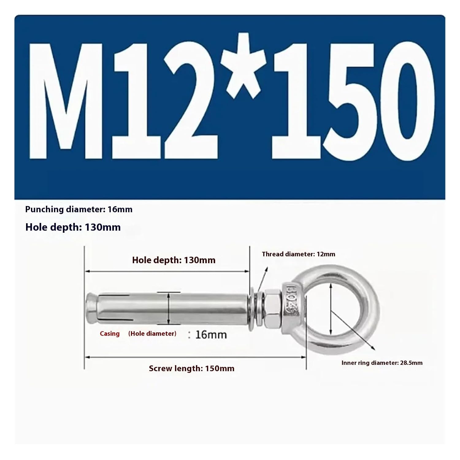 Anchor Bolts,Expansion Bolt, 5Pcs Stainless Steel Universal Ring Expansion Screw Sleeve Anchor Concrete Eye Bolt Installation Artifact Long Hook(M12*150MM)