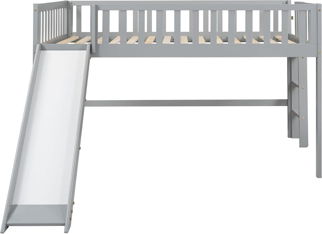 JIVOIT Full Size Wood Loft Bed with Slide, Low Loft Bed with Built-in Ladder and Safety Rails, Space Saving Kids Loft Bed with Underneath Spacious Space, for Kids Boys Girls (Gray,Full 1)