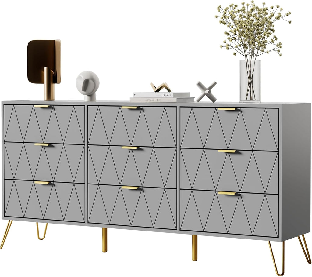 UEV Grey Dresser for Bedroom,Modern 9 Drawer Triple Dresser with Gold Accents,Long Storage Organizer for TV Stand & Closet,Large Chest of Drawers for Living