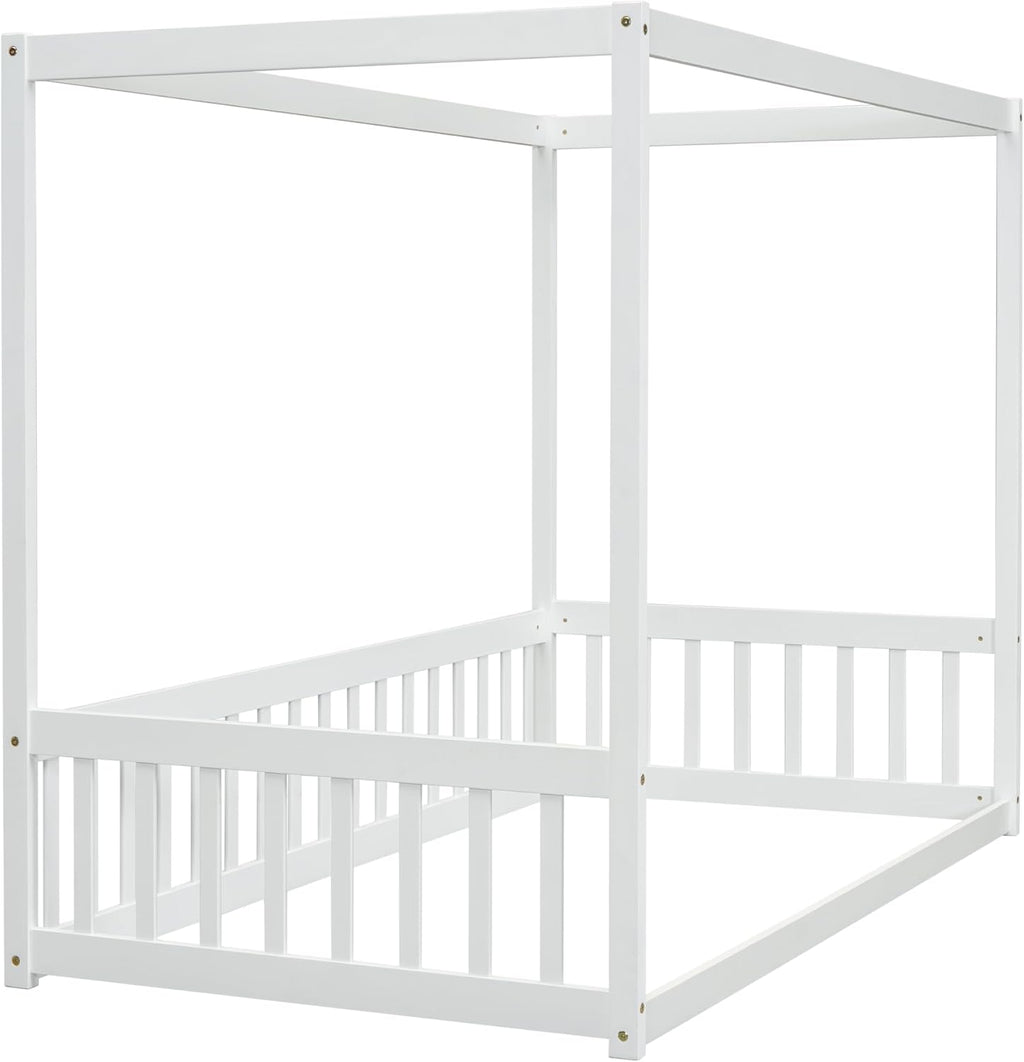 Twin Size Canopy Bed Frame with Guardrails for Kids,Floor Bed Twin with Four Poster Design,Kids Montessori Floor Bed,Wood Canopy Bed Frame for Girls,Boys(Twin,White)