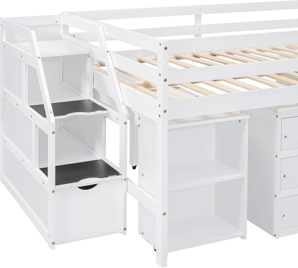 Full Size Loft Bed with Retractable Writing Desk, Wooden Loft Bed with 3 Drawers and Shelves, Storage Stairs, Versatility Low Loft Bed Storage Bed for Kids Boys Girls Bedroom (White,Storage Stairs)
