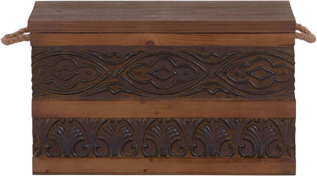 Household Essentials Decorative Trunk, Embossed Metal, Small, Chinese Fir Wood, Darkened Interior, Rope Handles, Flat and Fully Opening Lid, Handmade, Walnut and Almond Stain