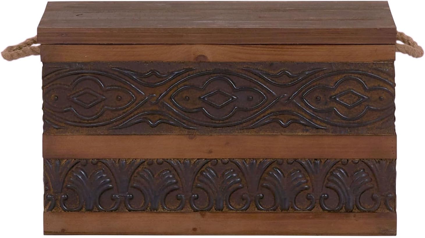 Household Essentials Decorative Trunk, Embossed Metal, Small, Chinese Fir Wood, Darkened Interior, Rope Handles, Flat and Fully Opening Lid, Handmade, Walnut and Almond Stain