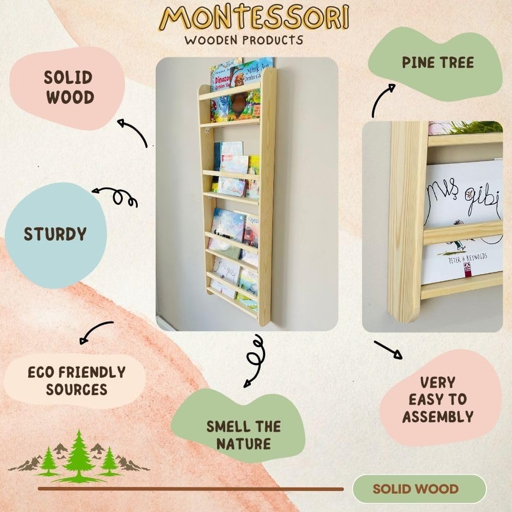 4 Tier Natural Wood Handmade Montessori Kids Bookshelf, Wall Mounted Space Saver Children for Nursery (Wide 24' Width, Natural)